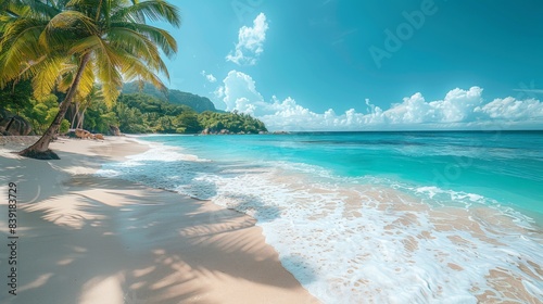 Beautiful tropical beach with palm trees and turquoise sea water on a sunny day, Seychelles.