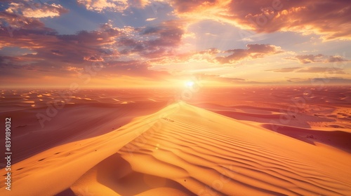 A vast desert landscape stretching towards the horizon, the sand dunes glowing golden in the light of the setting sun.