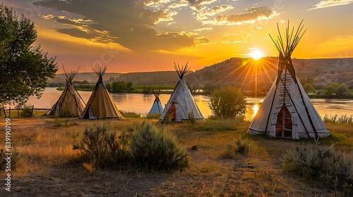 Tranquil Sunset at Native Cultural Heritage Site with Traditional Teepees by Riverside