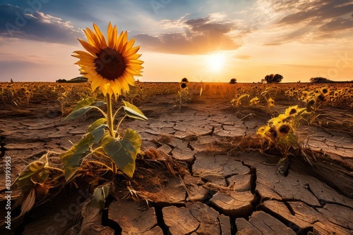 Drying sunflowers in a field during a drought. Cracked earth. Global warming of the climate.