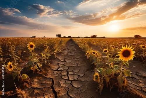 Drying sunflowers in a field during a drought at sunset. Cracked earth. Global warming of the climate.