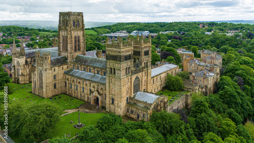 An aerial view of the Durham Cathedral, castle in Durham, UK