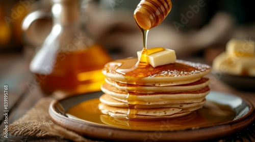 Pancakes with butter and honey topping on a rustic table