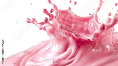 dynamic splash of strawberry milk with swirling liquid and air bubbles isolated on white