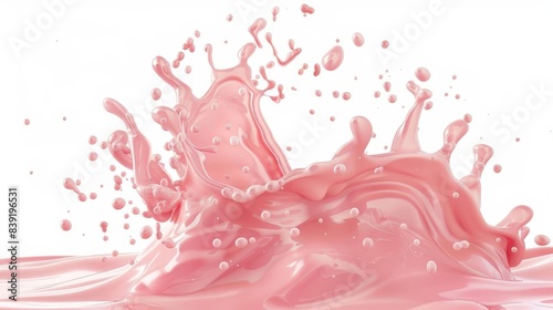 dynamic splash of strawberry milk with swirling liquid and air bubbles isolated on white
