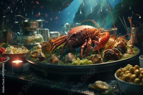 Sumptuous seafood feast featuring lobster is elegantly presented amidst a moody, ambient setting