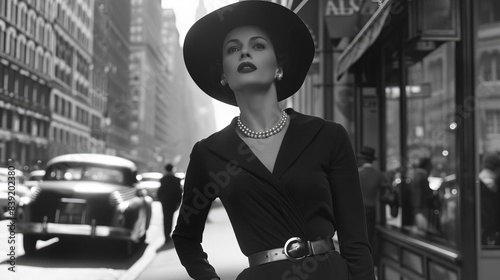 glamorous 1950s woman in black and white stylish millionaire strolling through new york city