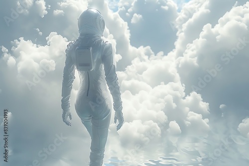 Astronaut woman walks on clouds in a futuristic spacesuit.