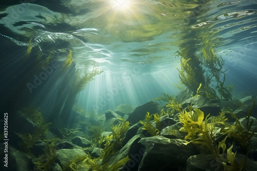 Majestic sun rays pierce pristine water, illuminating rocks and seaweed in a serene underwater scene