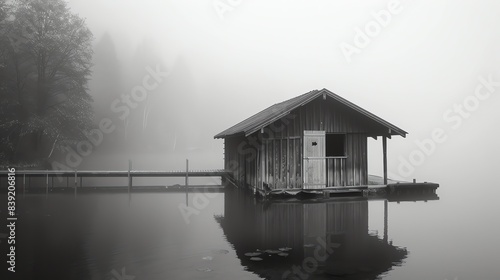 A wooden house sits on a lake. There is a dock leading up to the house. The water is calm and still.