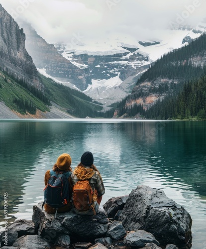 Two Hikers Resting by Lake Louise in the Canadian Rockies