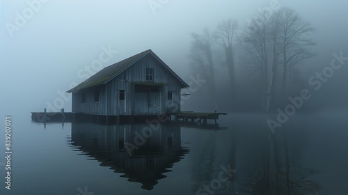 A wooden house sits on a lake on a foggy day. The water is still and reflects the house and trees on the shore. The mood is peaceful and serene.