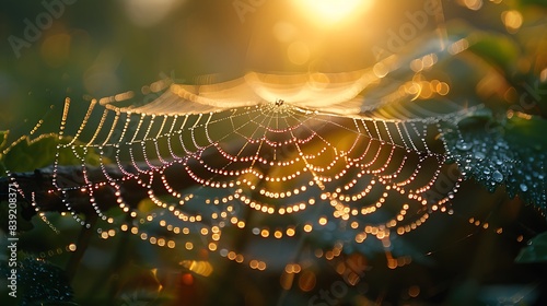 A macro shot capturing a delicate spider's web covered in dew, glistening in the morning light, highlighting its intricate and fragile beauty. 