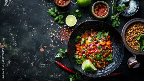 Chili sin carne with red lentils, food photography, copy and text space, 16:9