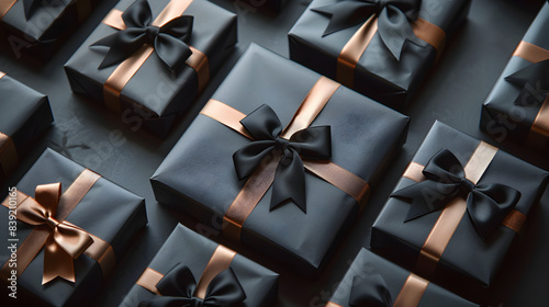 Black gift boxes arranged on a dark background, Black Friday discounts concept.