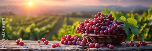 A basket of plump grapes sits on a rustic wooden table, with a picturesque vineyard in the background under a sunny sky, highlighting the beauty of harvest time. 