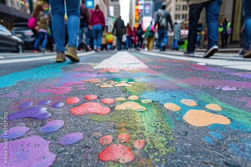 Rainbow-colored cat paw prints meandering through a bustling city street