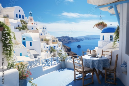 Picturesque santorini terrace overlooking the aegean sea with traditional white architecture