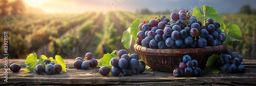 A basket of plump grapes sits on a rustic wooden table, with a picturesque vineyard in the background under a sunny sky, highlighting the beauty of harvest time. 