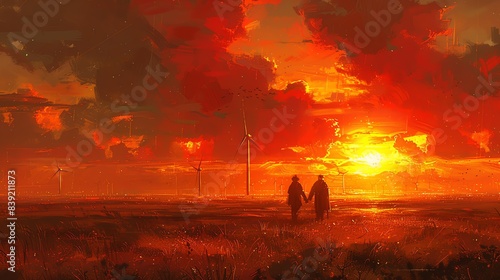 Silhouette of couple walking hand-in-hand during a vibrant red sunset.
