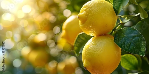 Fresh lemon citrus fruits with green leaves on a sunny background. Concept Lemon Fruits, Citrus, Green Leaves, Sunny Background