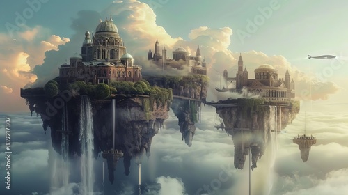 surreal dreamscape with floating islands waterfalls and impossible architecture