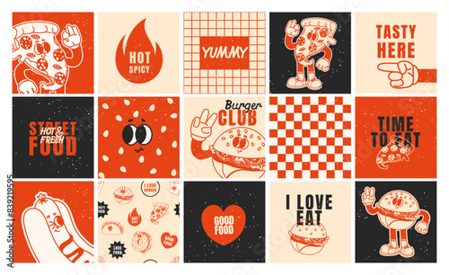 Fast food posters. Retro 70s cards, stickers with burger, hot dog, pizza. Funky branding patches. Slogan, quote, groovy food characters. Trendy vector cafe bar templates