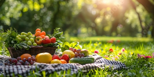 Summer picnic scene with fruit vegetables blanket in park selective focus. Concept Summer Picnic, Fruit and Vegetables, Blanket, Park, Selective Focus
