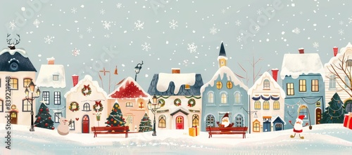 Seamless Christmas border winter street Scandinavian style white paper buildings with funny Santa Clauses lanterns benches trees snowflakes snow drifts Winter time Vector illustration