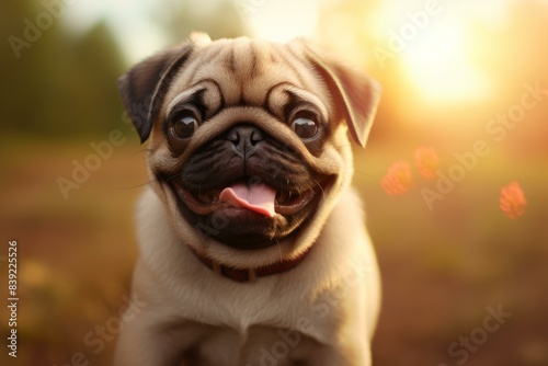 Adorable pug puppy with a joyful expression in warm sunset light