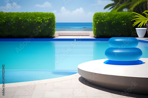 stand blue background Summer tropical product luxury placement design Stone water podium splay pool poduim dais poolside platform aesthetic sea display