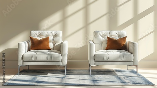 A pair of modern accent chairs with slim metal legs and upholstered seats, positioned opposite the sofa to create a balanced seating arrangement. Flat color illustration, shiny, Minimal and Simple,