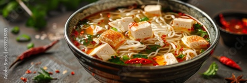 Vietnamese Pho Ga Soup, Japanese Miso Soup with Tofu Cubes, Poultry Meat. Traditional Asian Soup
