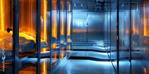 Advanced Cryogenic Storage System Preserves Bodies in Illuminated Chambers at Tech Facility. Concept Tech Development, Cryogenic Storage, Advanced Preservation, Illuminated Chambers