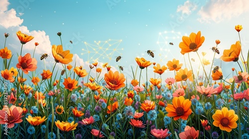 A vibrant spring meadow with blooming flowers and buzzing bees, subtly infused with patterns of electrons and protons, illustrating the deep connection between nature and atomic elements. Flat color