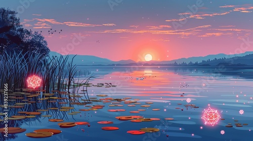 A serene lakeside view at sunset, with reeds and water lilies, enhanced with softly glowing electrons and neutrons, suggesting a deep connection between the tranquility of nature and atomic elements.