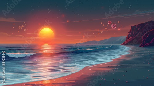 A peaceful beach scene with gentle waves and a setting sun, where invisible atomic particles are suggested by faint, glowing orbs, merging the serenity of nature with the essence of atoms. Flat color