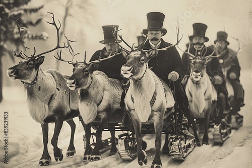 Funny retro photograph of reindeer snowmobiles dressed in victorian era clothing, sepia tones