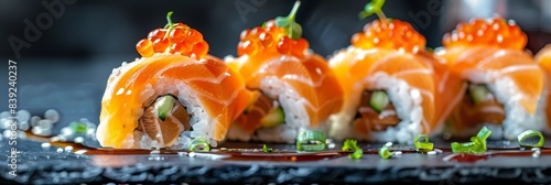 Smoked Salmon Sushi Rolls, Japanese Susi with Green Onions, Flying Fish Red Caviar, Spicy Sauce