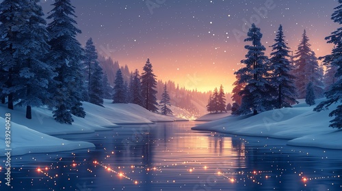 A serene winter landscape with snow-covered trees and a calm river, enhanced with faint, glowing atomic particles, blending the cold beauty of nature with the warmth of scientific wonder. Flat color