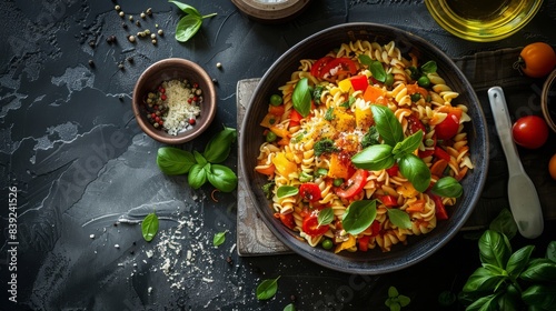 Multicoloured paprika fusilli salad, food photography , 16:9