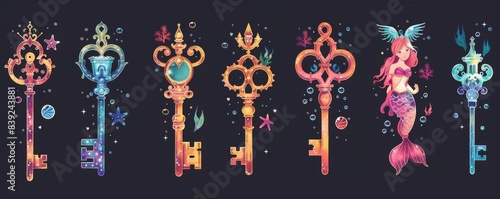A set of magical keys with unique designs. They are mostly gold and decorated with jewels.