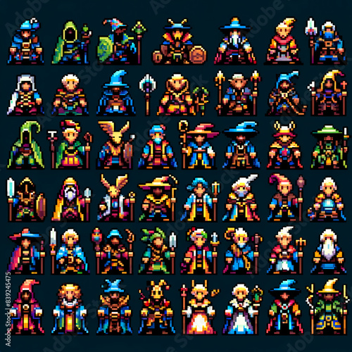 RPG-style bards in pixel art sprite sheet