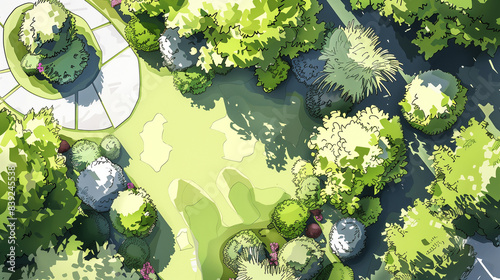 top view Abstract city landscape park design background with a place for text. watercolour sketches with shapes of trees, shrubs, flower