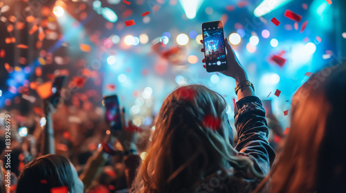 Teenagers at a lively concert, enjoying the music, dancing together, and capturing memories on their phones.
