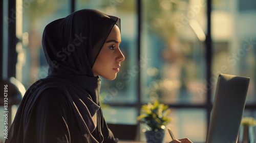 A modern Muslim woman in hijab, balancing her career and faith, taking a break for prayer in a chic office environment.