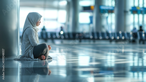 A modern Muslim woman in hijab, praying in a quiet corner of a bustling airport, demonstrating her dedication to faith even while traveling.