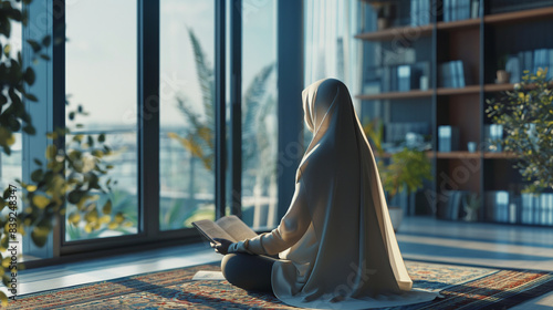 A contemporary office setting where a modern Muslim woman in hijab finds a peaceful spot for prayer amidst her workday.