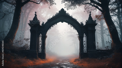 Ethereal Gothic Arch: Ancient Gate Shrouded in Mist Amidst the Enigmatic Aura of a Dark Forest, World Goth Day, Generative AI