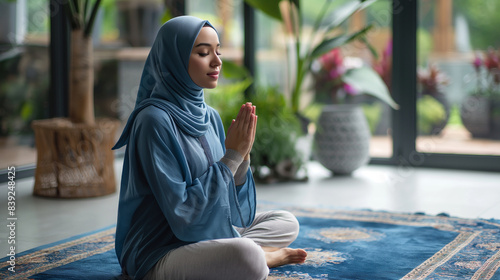 A modern Muslim woman in hijab, engaging in prayer during a yoga and wellness retreat, blending spirituality and health.